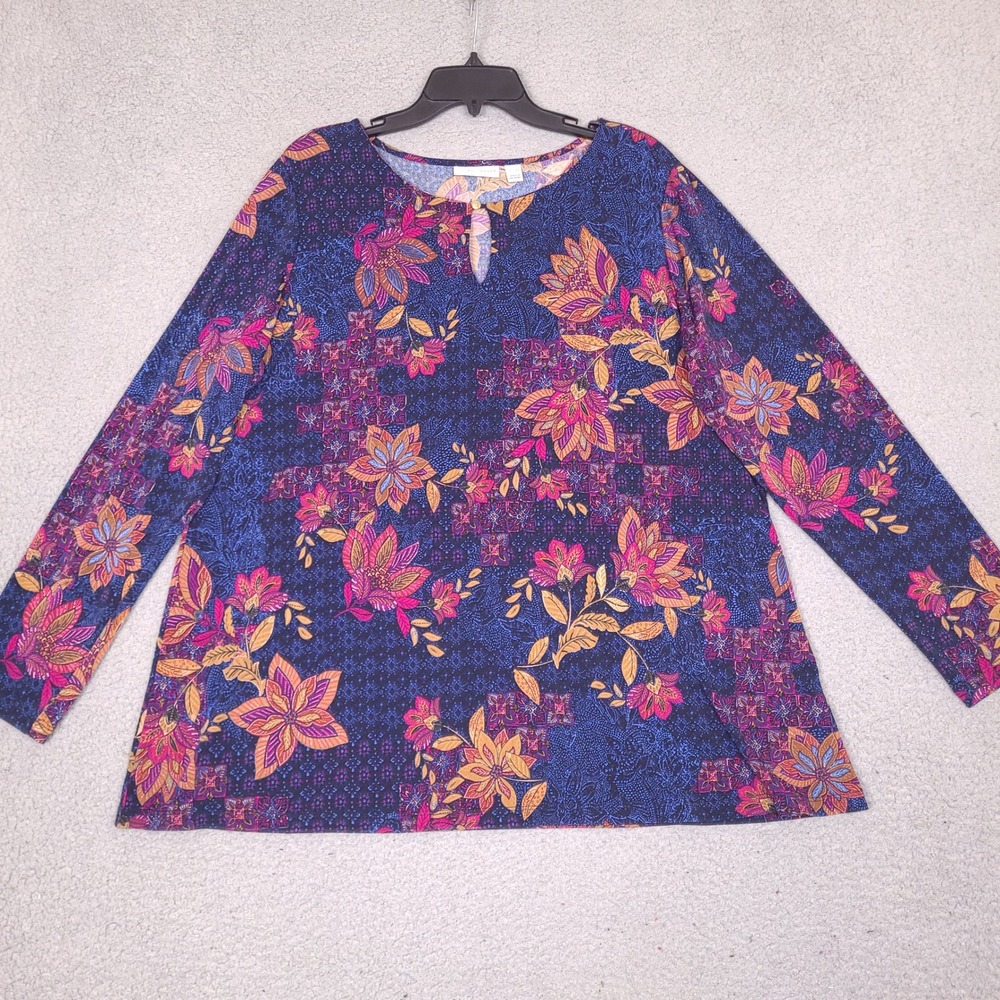 Susan Graver Liquid Knit Floral Tunic Top Blue Pink XL Long Sleeve Keyhole Neck